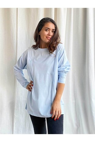 Mavi Uzun Kollu Emzirme Tişörtü/Oversize Kalıp
