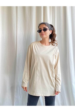 Krem Uzun Kollu Emzirme Tişörtü/Oversize Kalıp