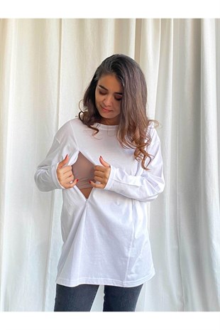 Beyaz Uzun Kollu Emzirme Tişörtü/Oversize Kalıp