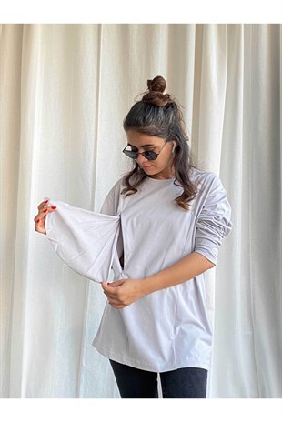 Gri Uzun Kollu Emzirme Tişörtü/Oversize Kalıp