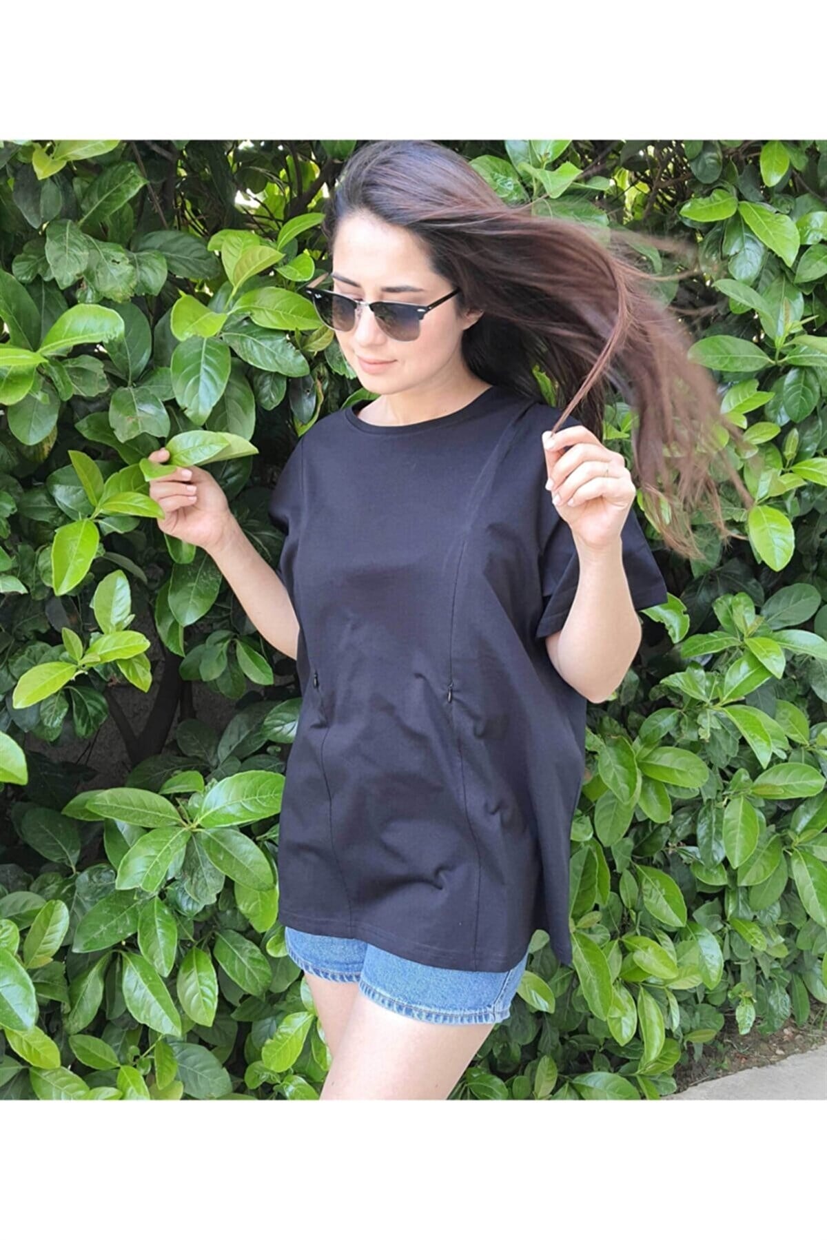  Kısa Kollu Emzirme Tişörtü/ Oversize Kalıp (SİYAH)