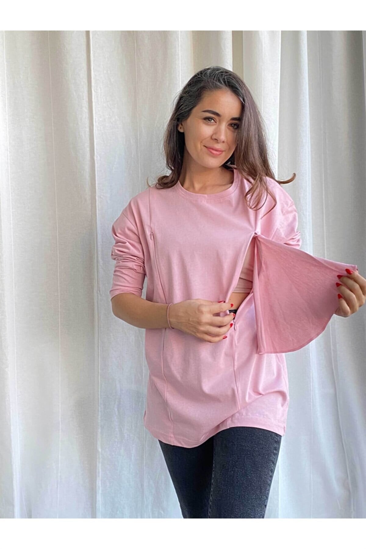 Uzun Kollu Emzirme Tişörtü/ Oversize Kalıp (PEMBE)
