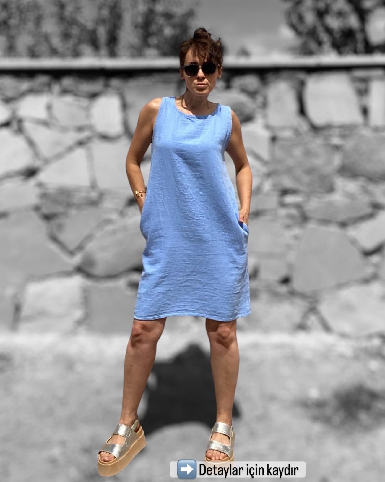  Mavi Cepli Keten Elbise