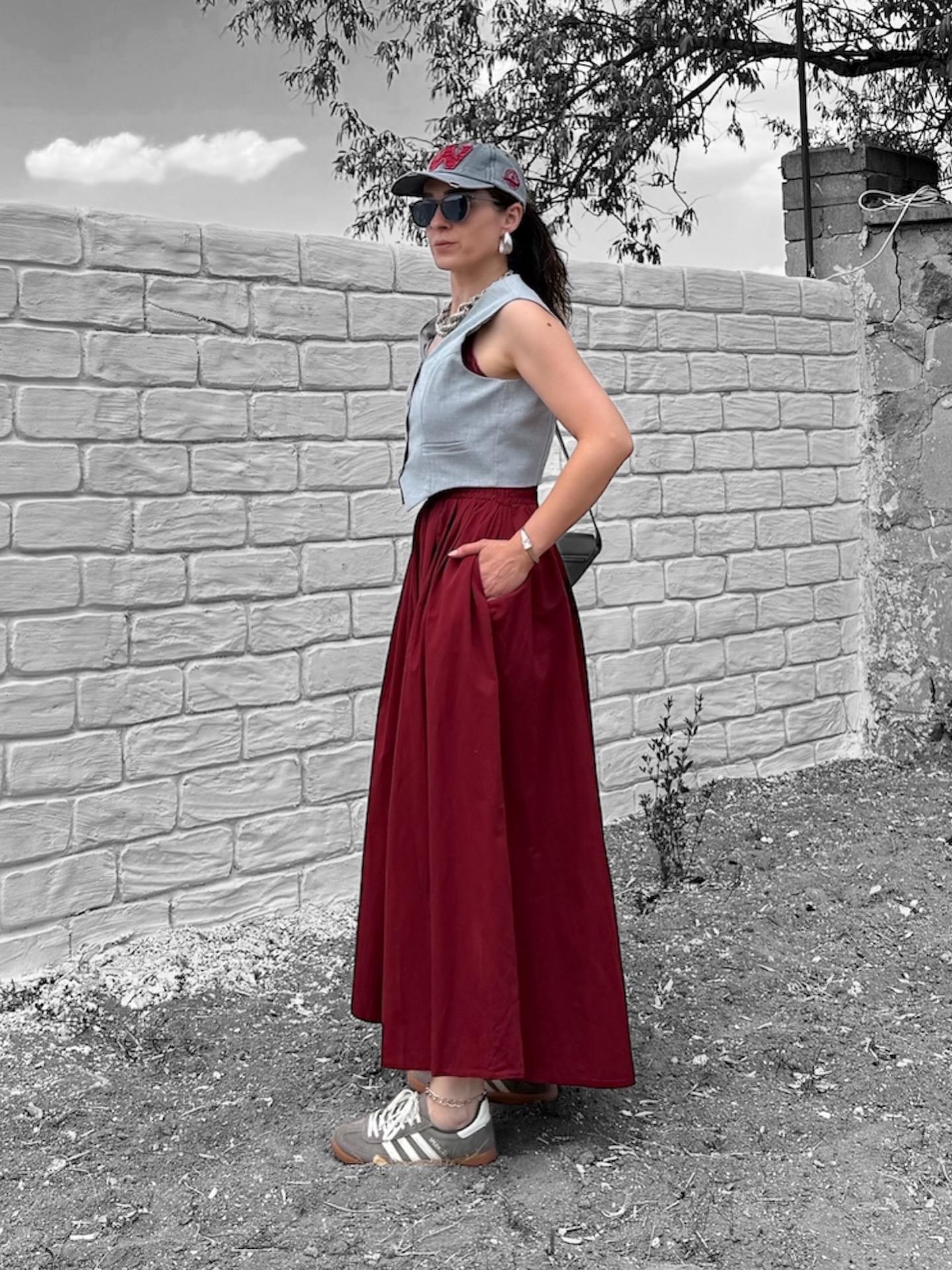 Bordo Cepli Beli Gipe Detaylı Maxi Boy Etek