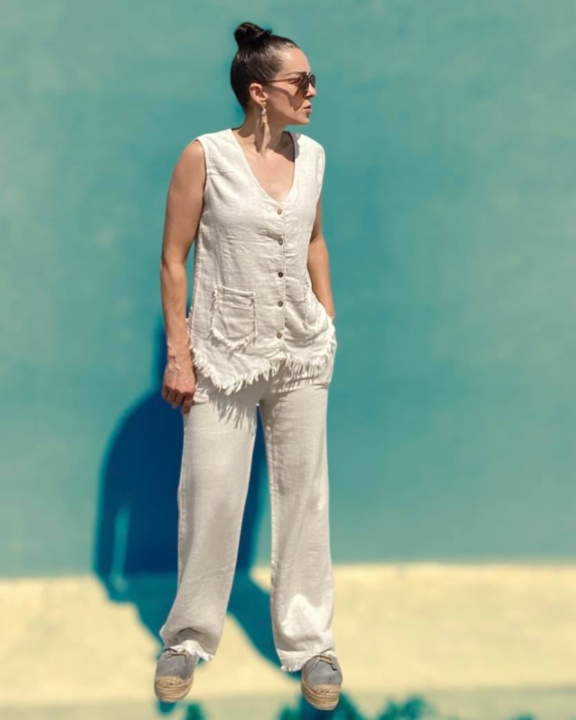 Ekru Keten Yelek Pantolon Takımı