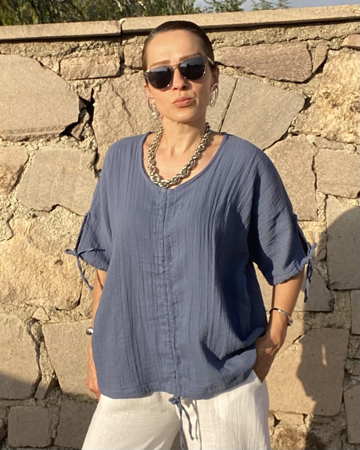 İndigo Rengi Önü Ayarlanabilir Büzgü Detaylı Bol Kesim Bluz