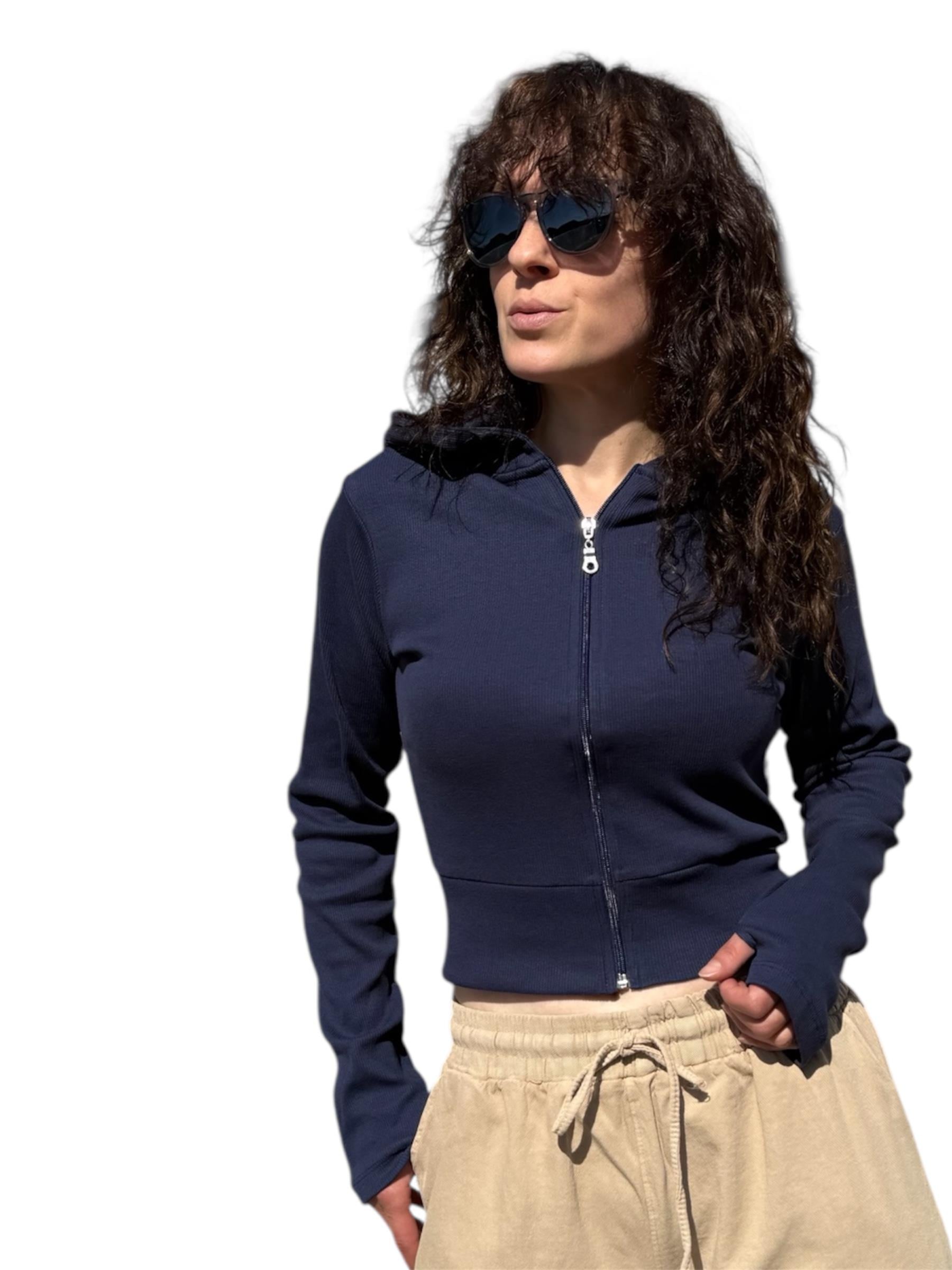 Lacivert Ribana Dokulu Kapüşonlu Kısa Sweat