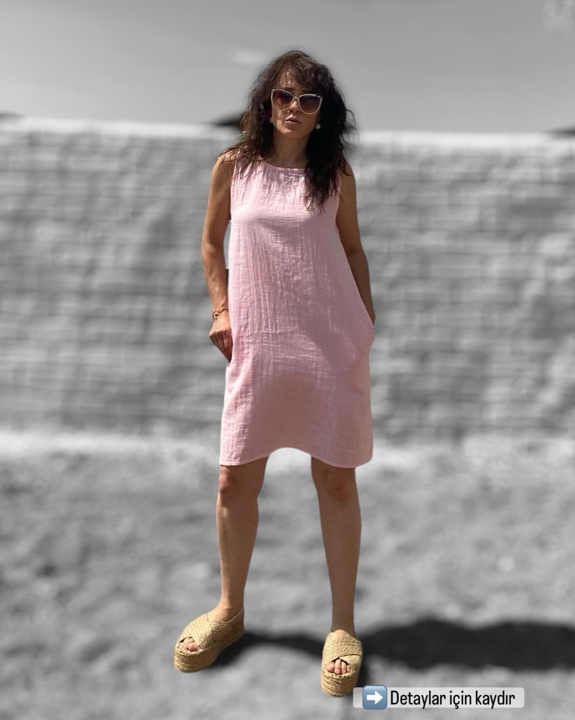 Pudra Rengi Cepli Keten Elbise