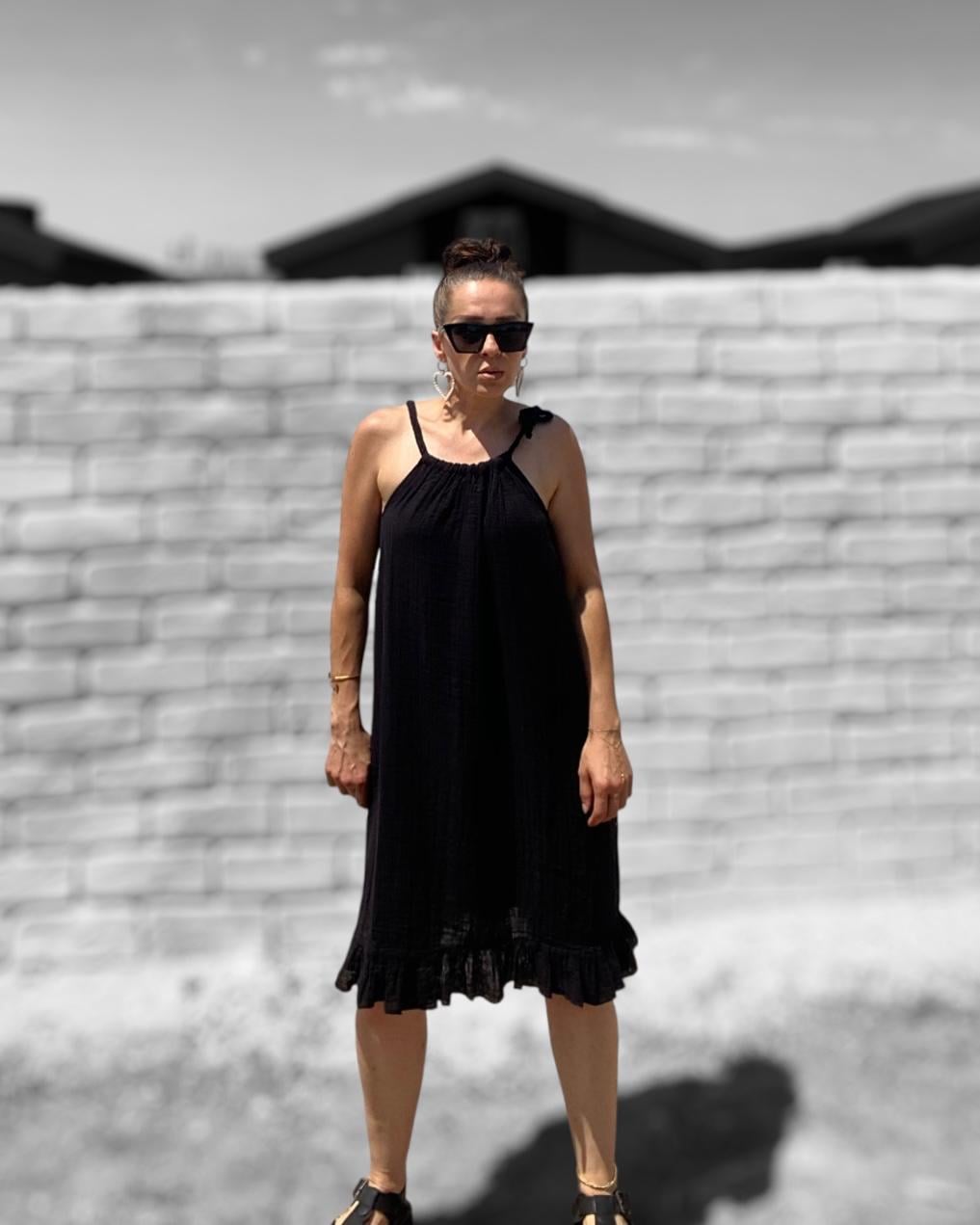 Siyah Halat Askı Fırfırlı Salaş Elbise