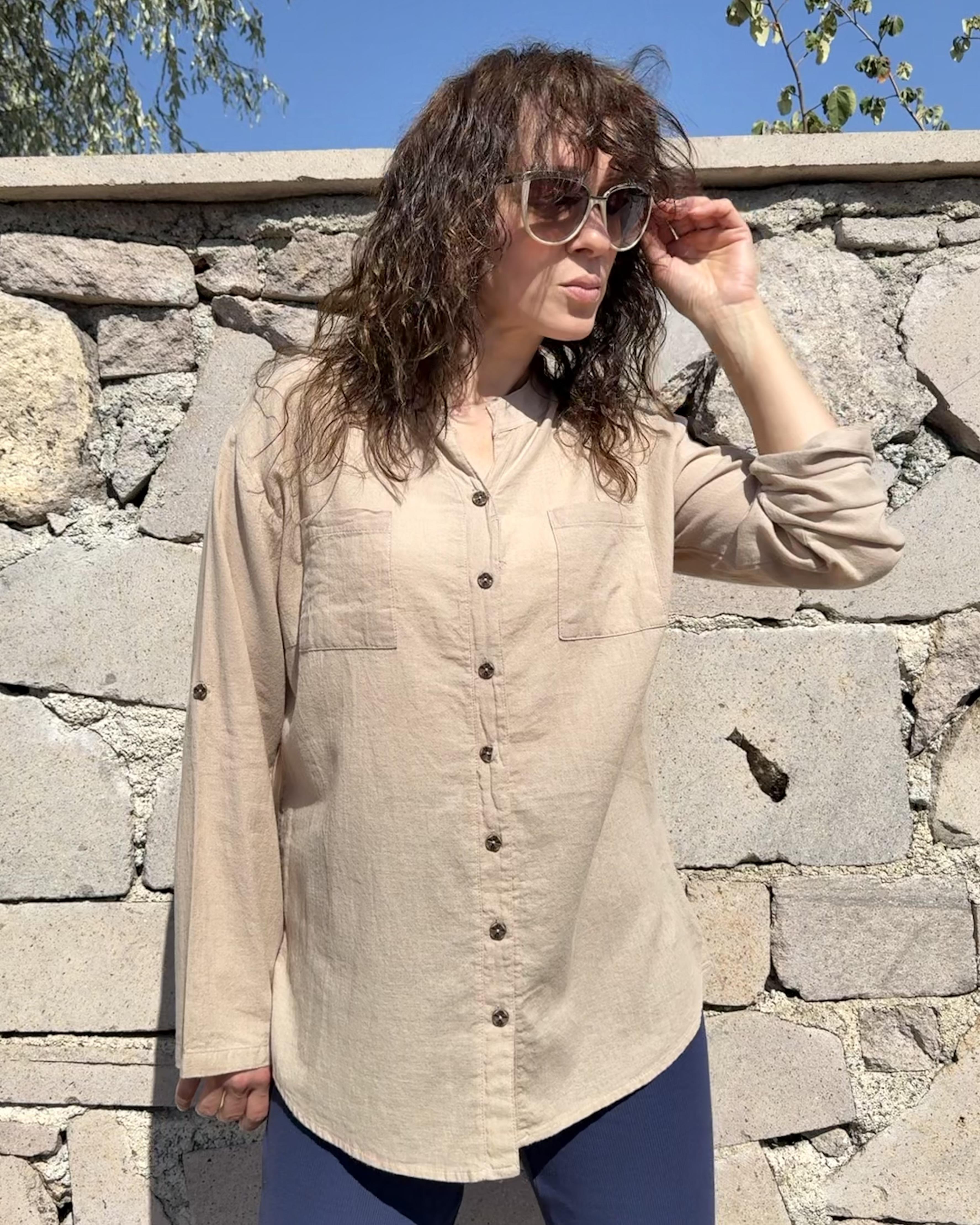 Vizon Oversize Sırt Dantel Detaylı Müslin Kumaş Gömlek