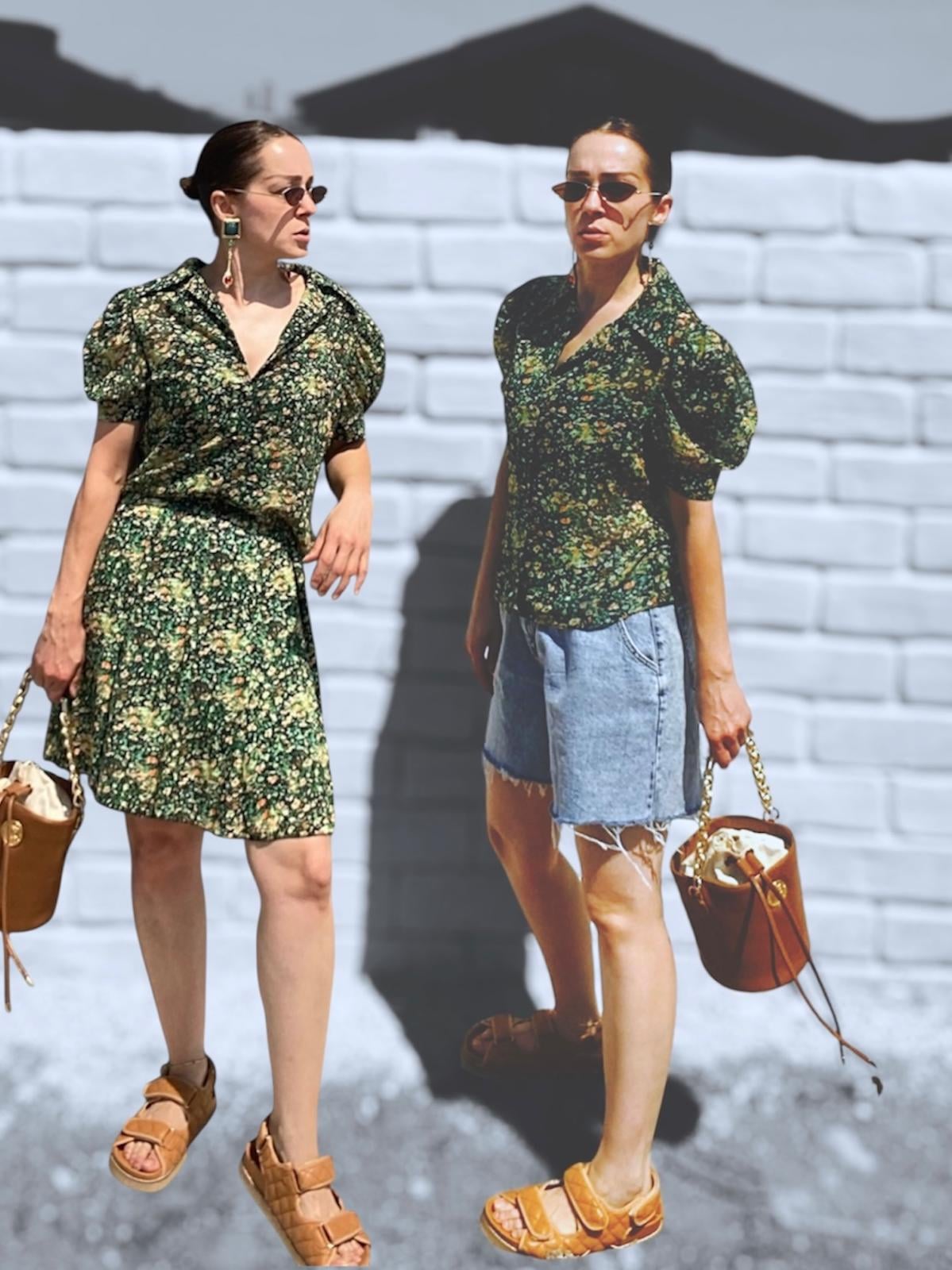 Yeşil Çiçek Desenli Vintage Gömlek Etek Takımı