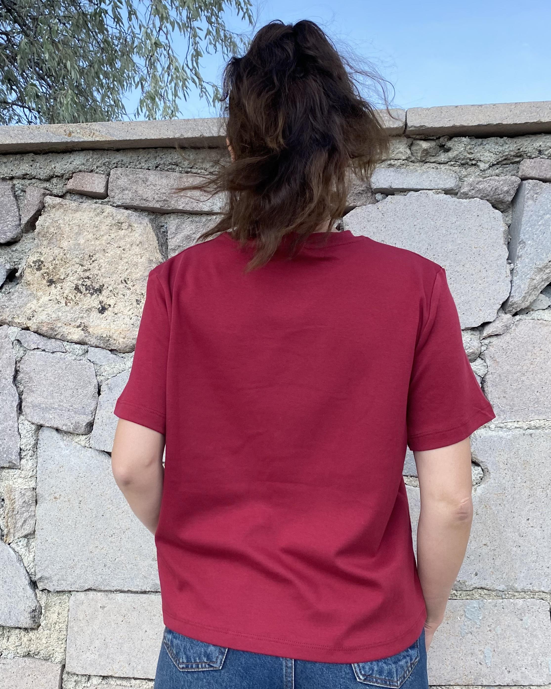 Bordo Bisiklet Yaka Örgü Cep Detaylı Tişört