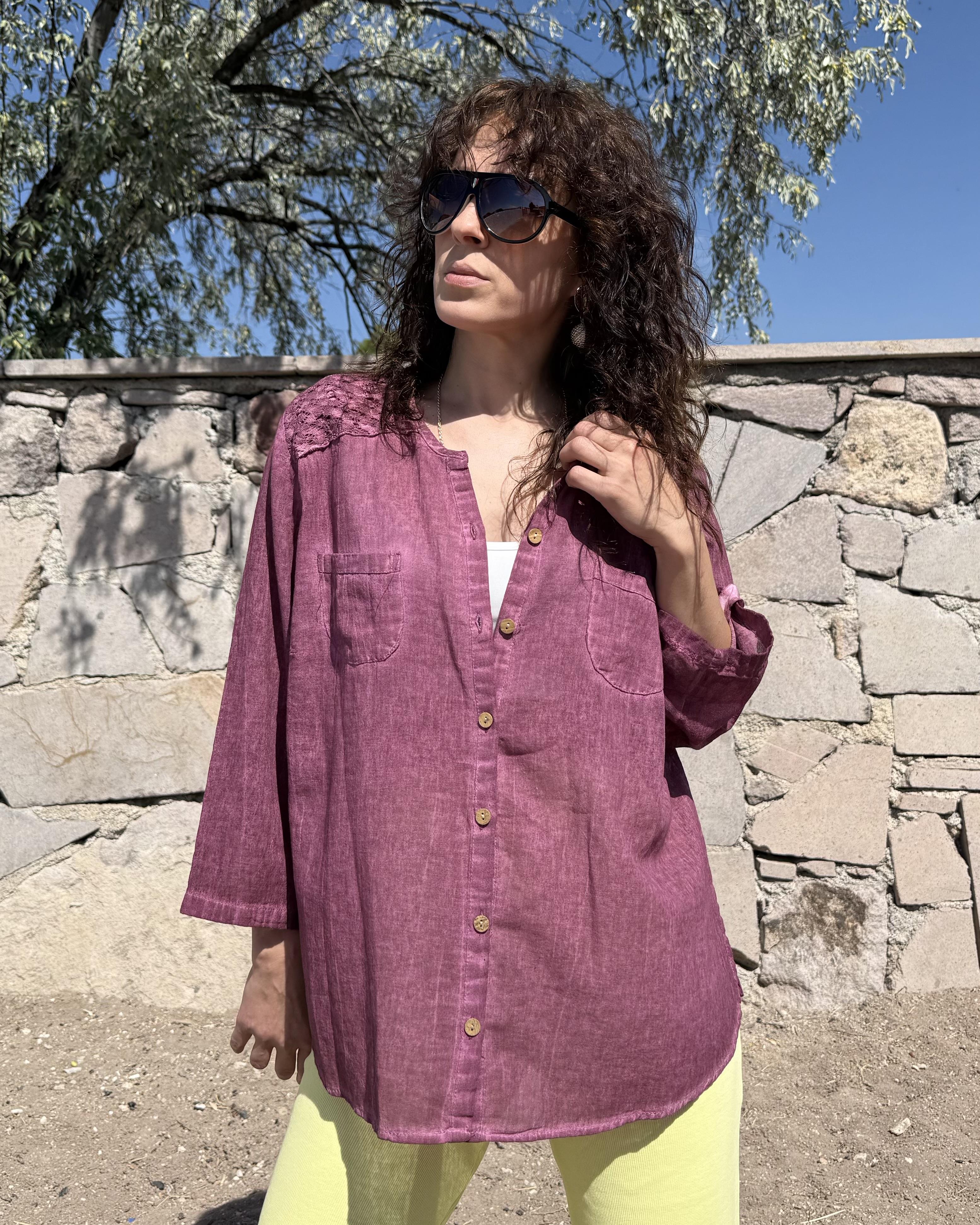 Bordo Dantel Detaylı Oversize Müslin Kumaş Gömlek