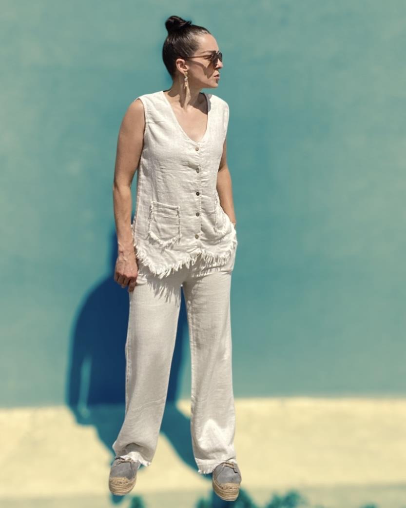 Ekru Keten Yelek Pantolon Takımı