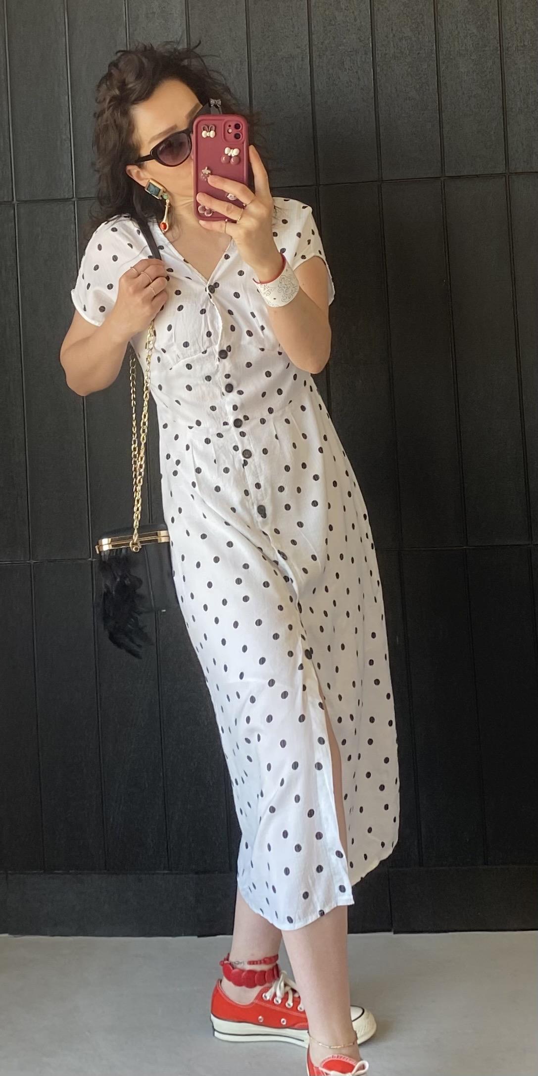 Ekru Puantiyeli Önden Düğmeli Elbise