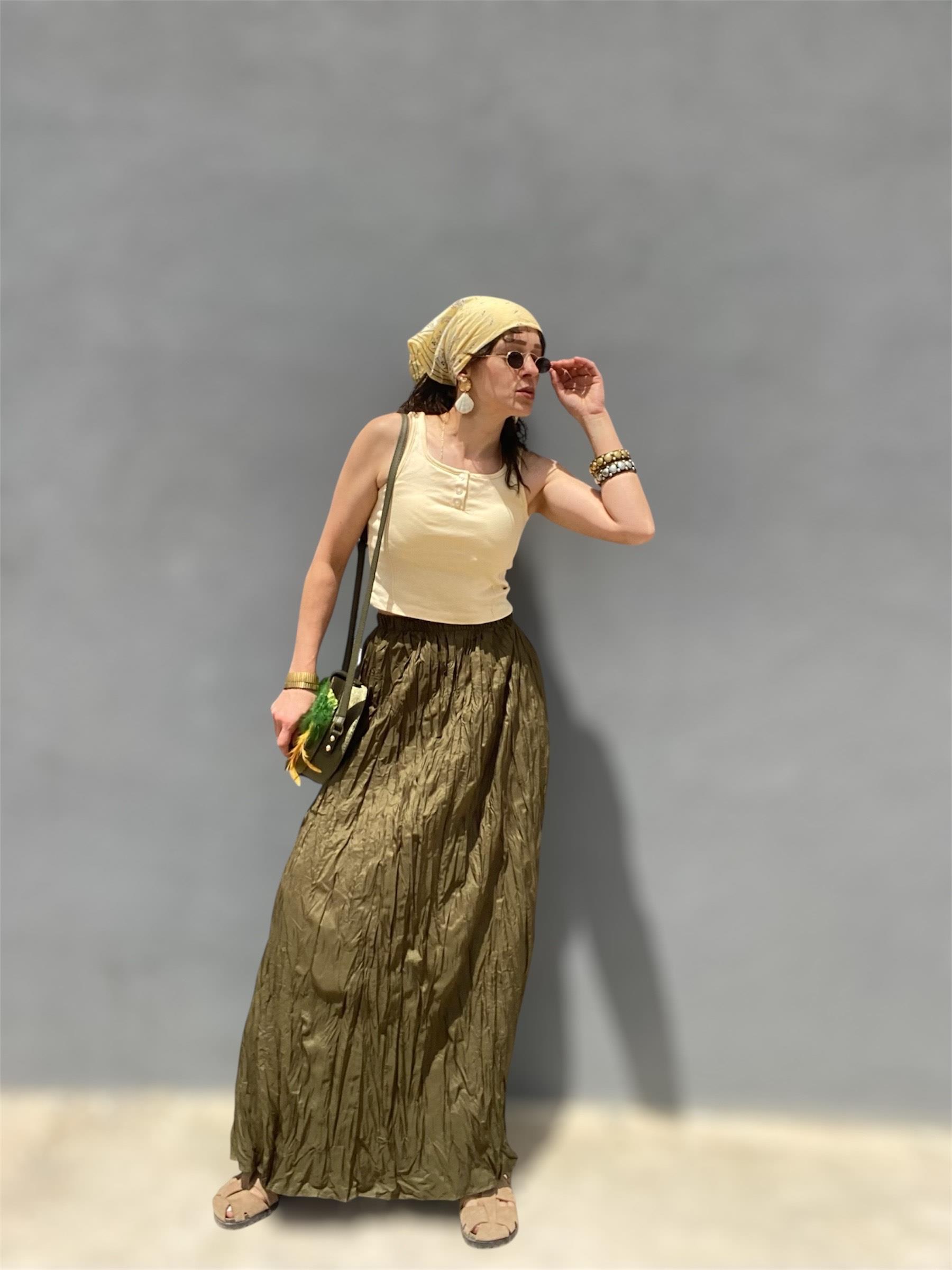 Haki Belden Lastikli Maxi Boy Bürümcük Etek