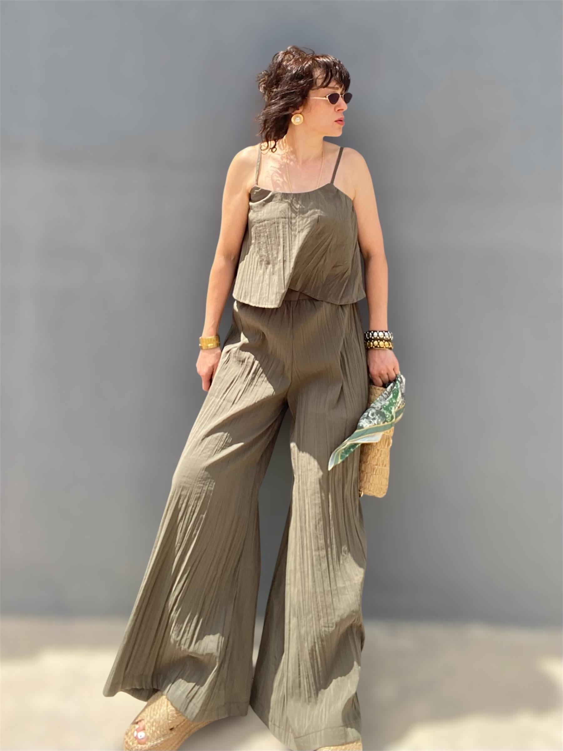 Haki İp Askılı Kendinden Pileli Pantolon Takımı