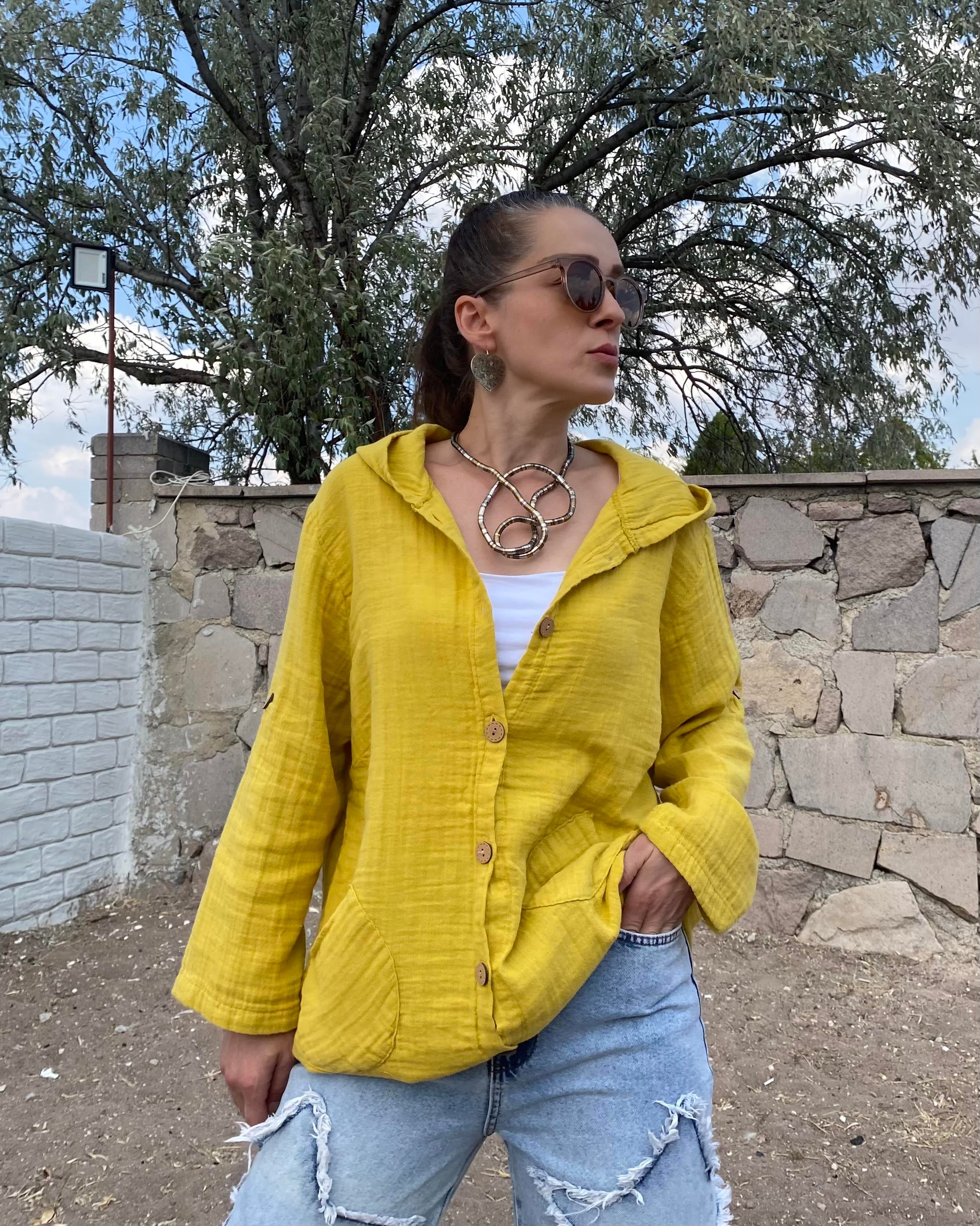 Hardal Sarısı Kapüşonlu Oversize Müslin Kumaş Gömlek