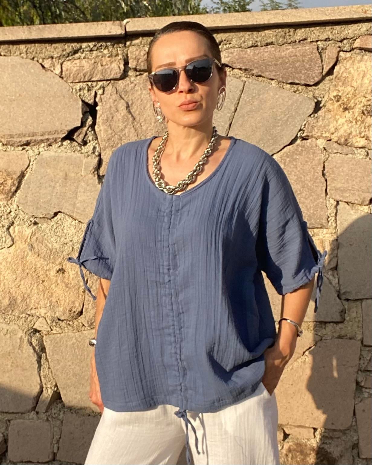 İndigo Rengi Önü Ayarlanabilir Büzgü Detaylı Bol Kesim Bluz