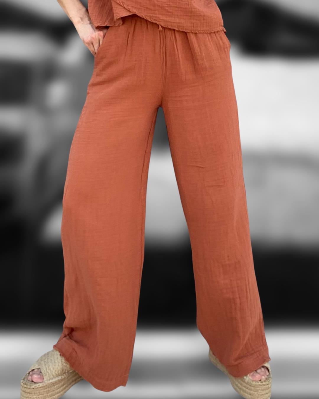 Kiremit Rengi Yüksek Bel ve Lastikli Bağcıklı Bol Paça Müslin Kumaş Pantolon