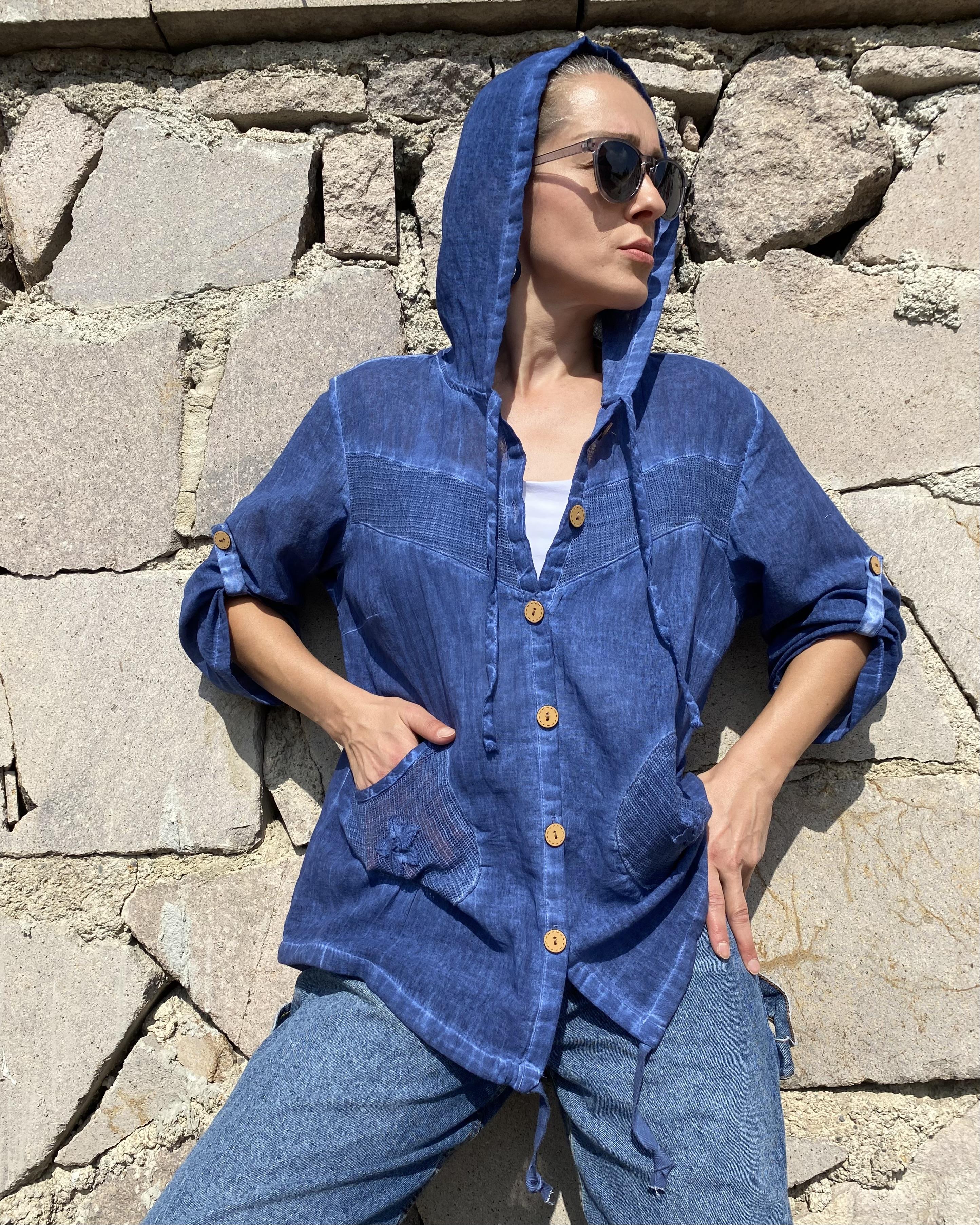 Lacivert Kapüşonlu Oversize Müslin Kumaş Gömlek