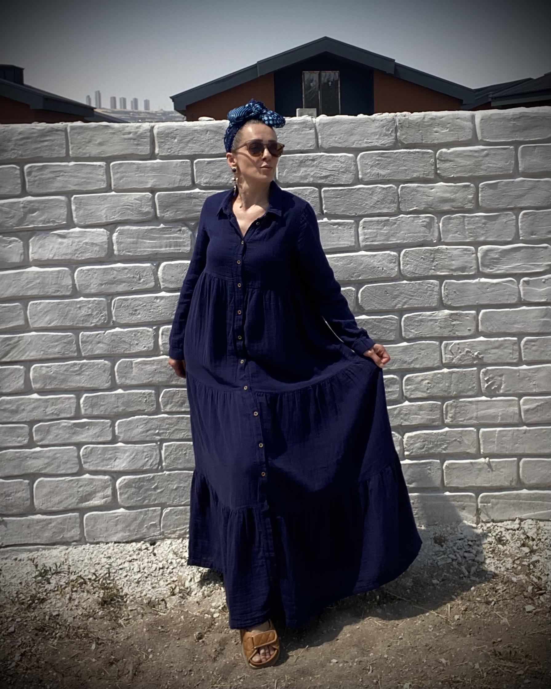 Lacivert Oversize Katlı Volanlı Maxi Boy Gömlek Elbise