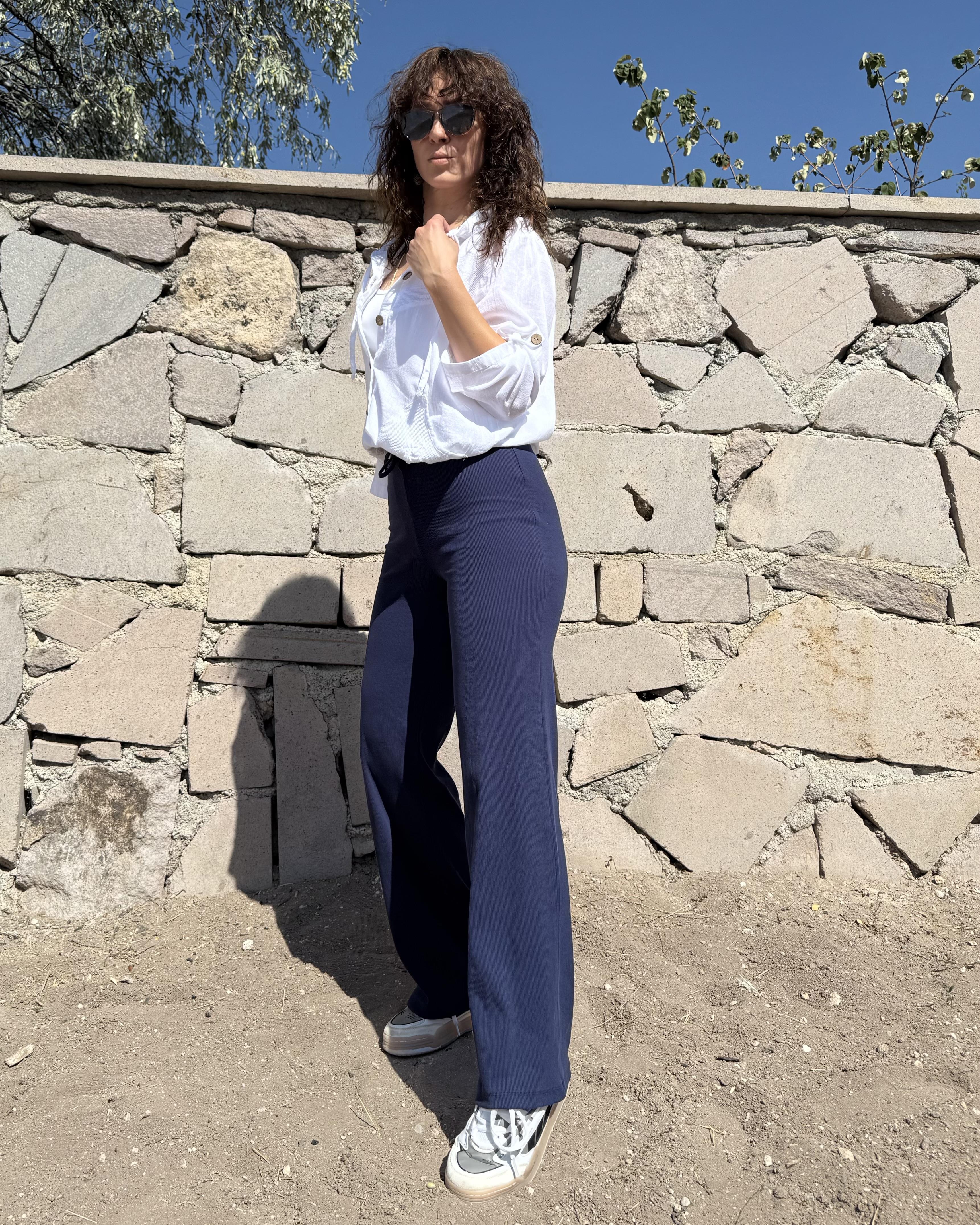 Lacivert Ribana Dokulu Bol Paça Pantolon