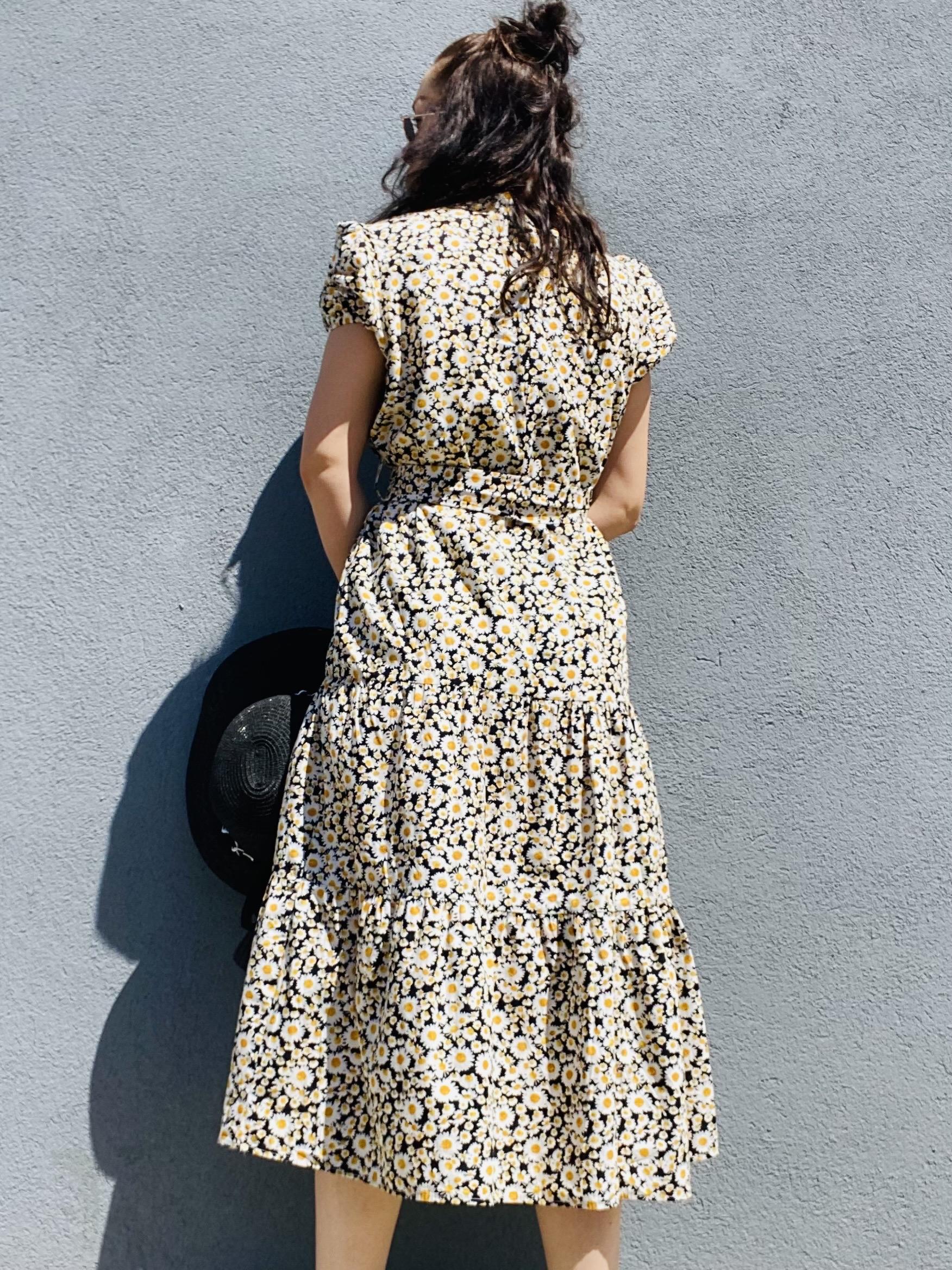 Papatya Desenli Karpuz Kol Kuşaklı Elbise