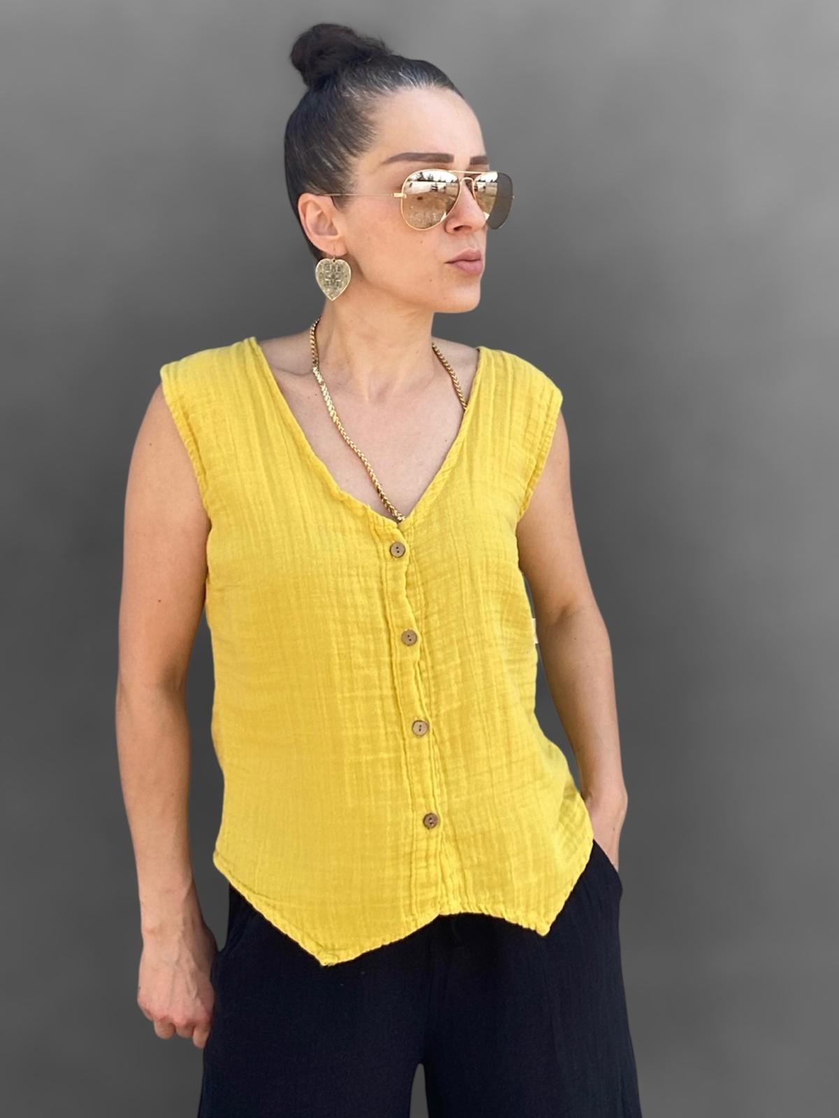 Sarı V Yaka Düğme Detaylı Müslin Kumaş Yelek