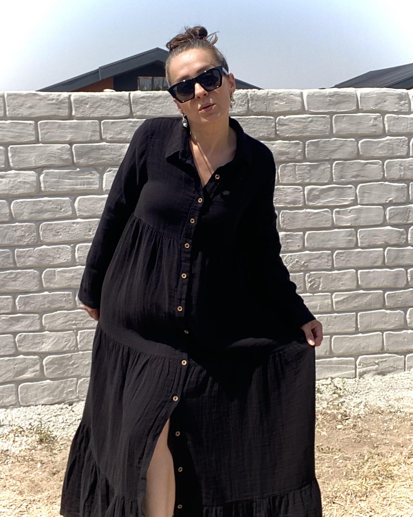 Siyah Oversize Katlı Volanlı Maxi Boy Gömlek Elbise