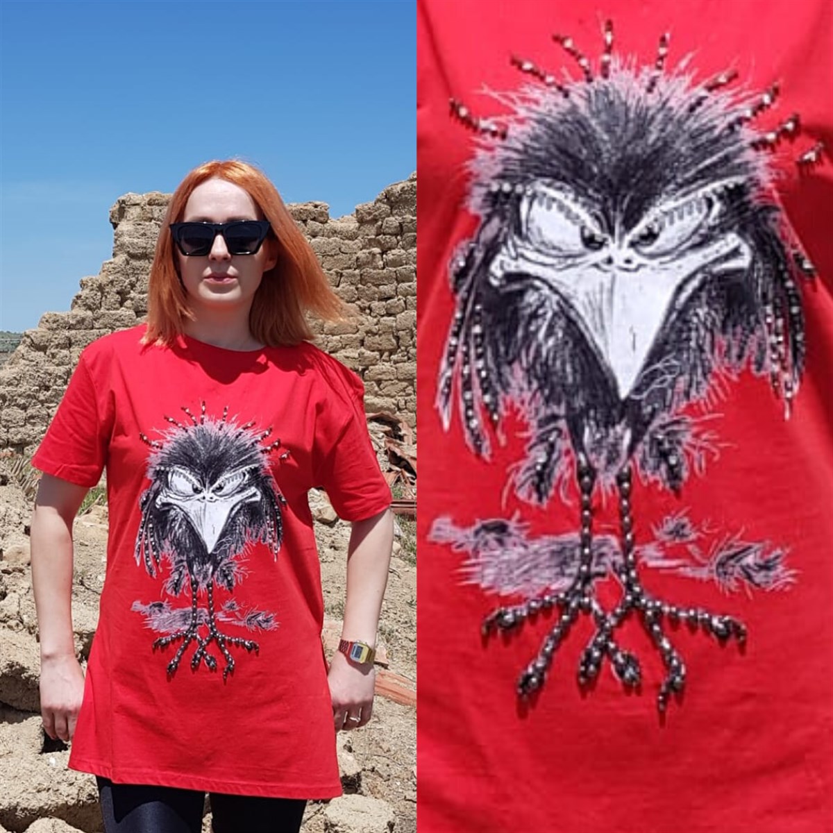 TAŞLI-KARGA BASKILI T-SHİRT