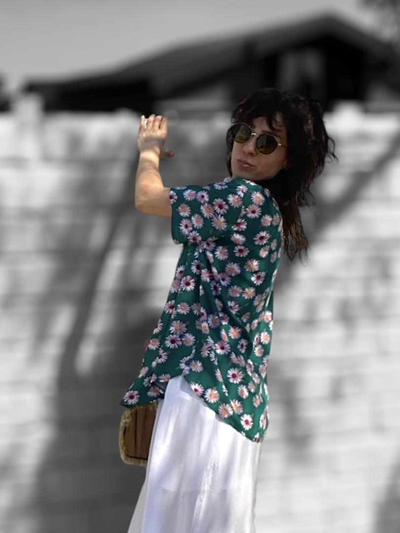 Yeşil Papatya Desenli Önden Düğmeli Oversize Gömlek