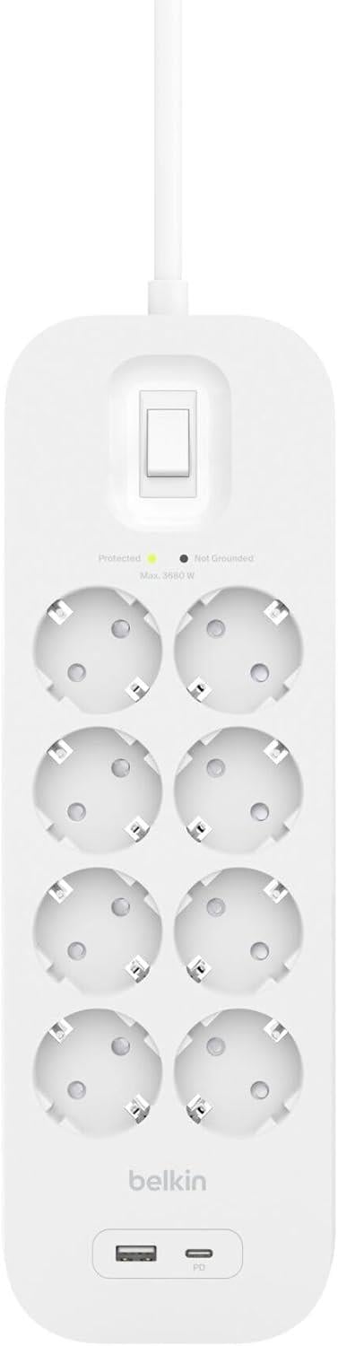 Belkin 8'li Çoklu Priz, Yüksek gerilim korumalı, duvara montaj, Hızlı şarj için USB C PD'li USB-C ve USB-A