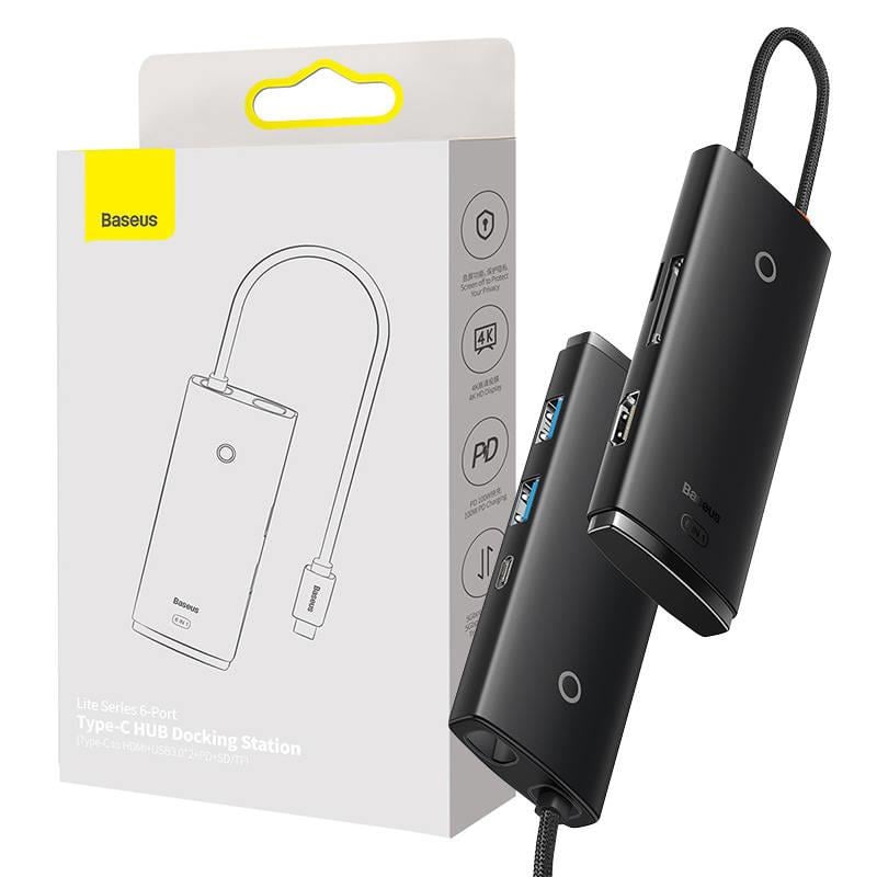 Baseus Lite 6 in 1 Multifonksiyonal Type-C Hub Dock Station - Siyah