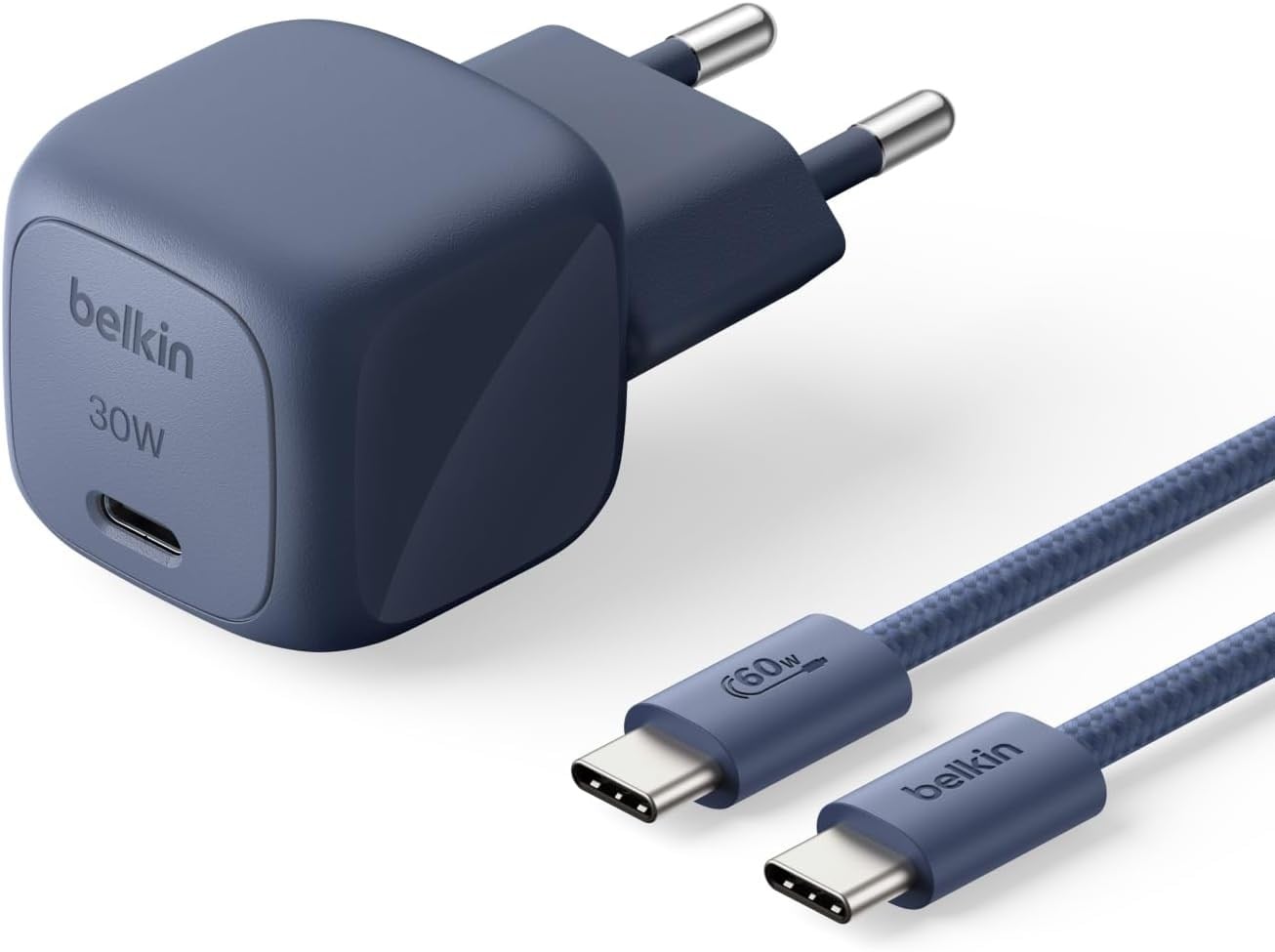 Belkin BoostCharge 30 W USB-C GaN Şarj Cihazı + 2 m Örgülü USB-C Kablo dahil, Pembe