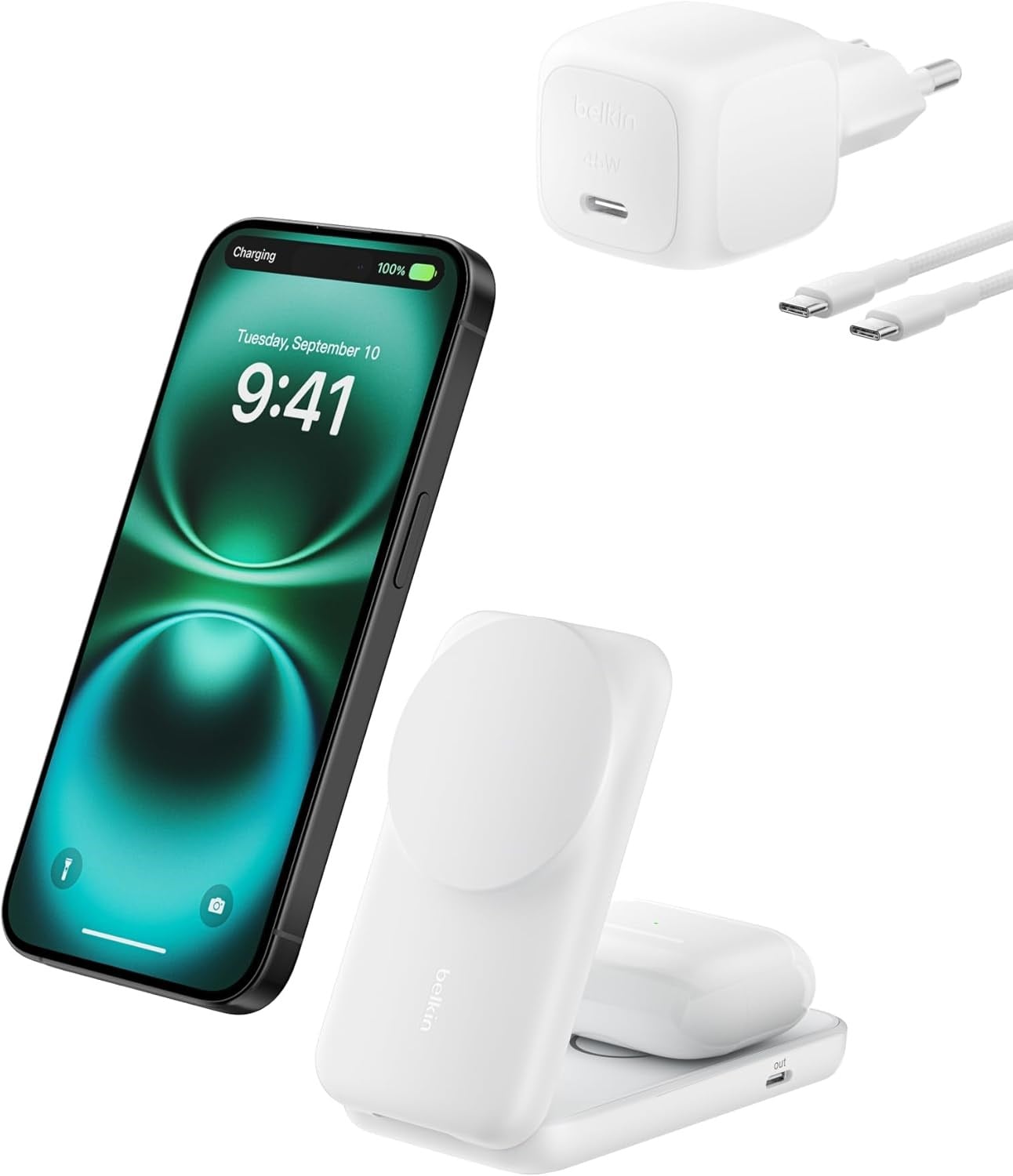 Belkin UltraCharge MagSafe Uyumlu 2'si 1 Arada Qi2 25W Kablosuz Şarj İstasyonu, USB-C Portlu, 45W Adaptör, Beyaz