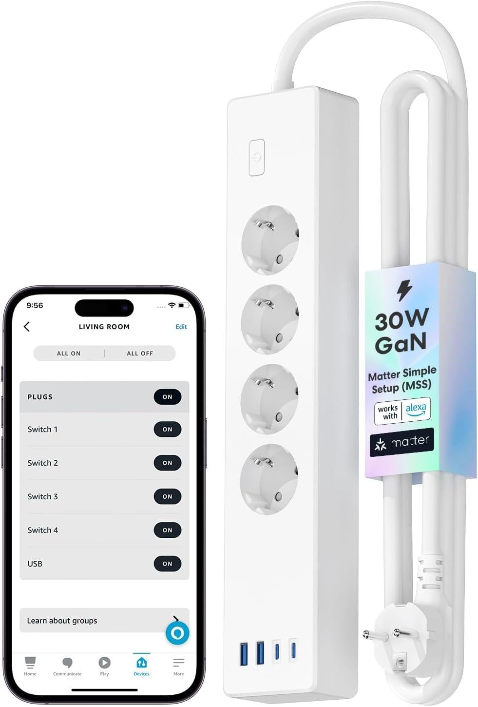 Meross Akıllı 4'lü Priz 30W 2TypeC + 2Us