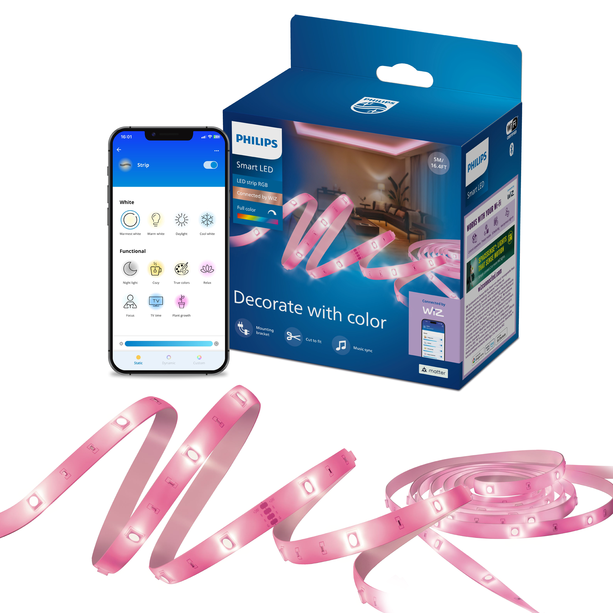 Philips Smart Lighting RGB LED Şerit 5 m (Type-C) Google Home, Alexa, HomeKit ve Matter uyumlu