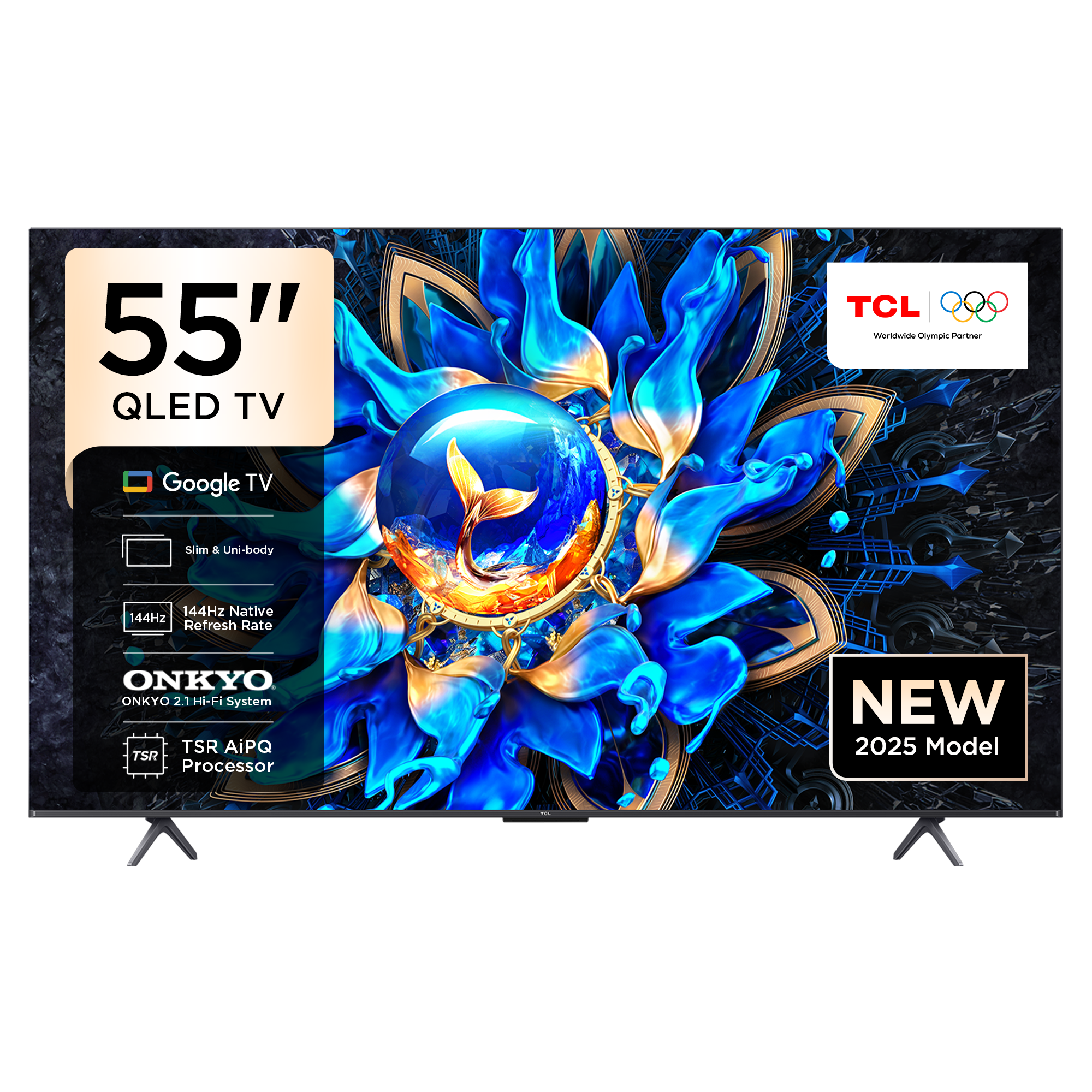 TCL 55T8C 55” QLED 4K Google TV – 144Hz, Dolby Vision IQ, HDR10+, FreeSync Premium Pro