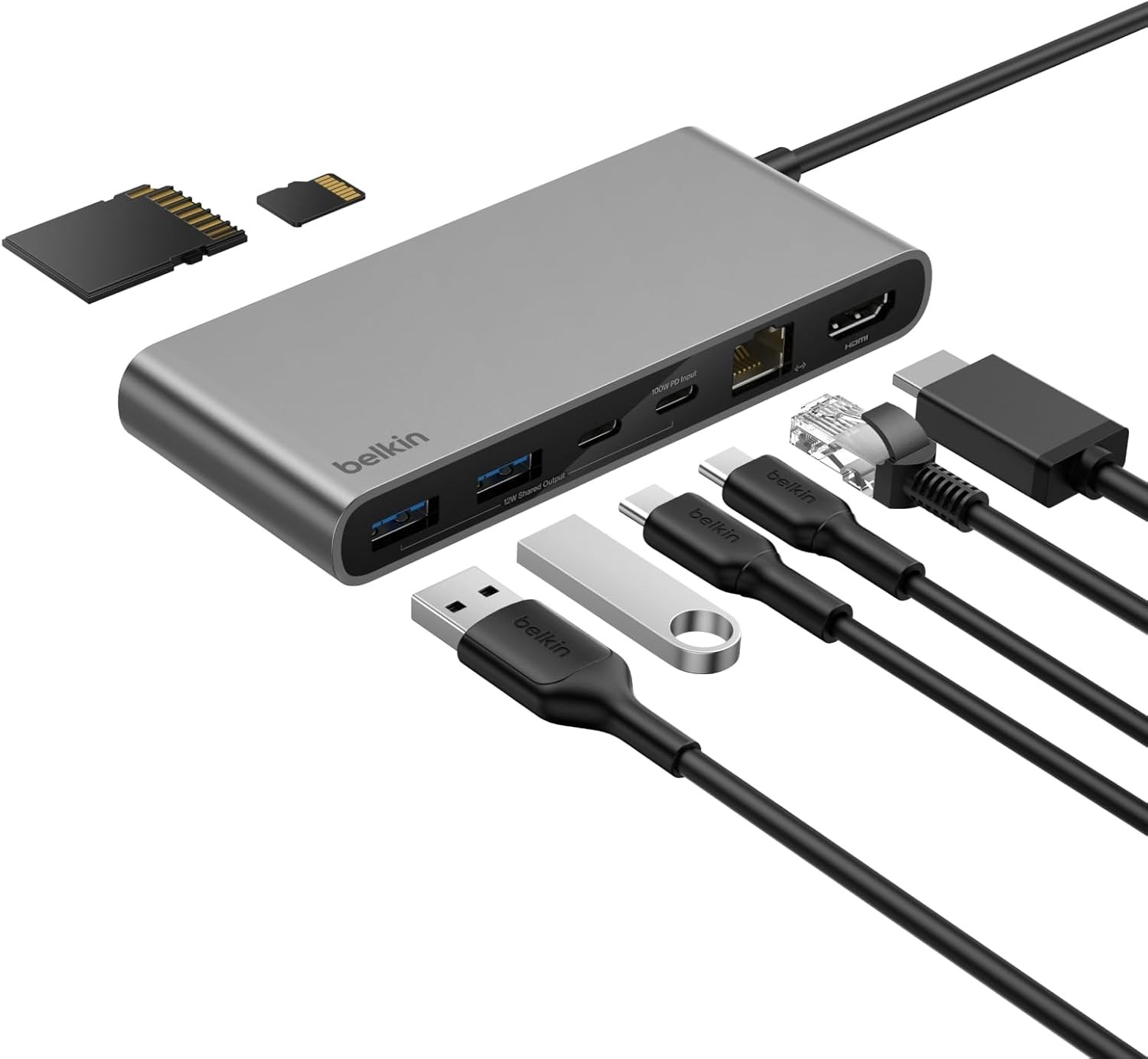 Belkin Connect 8 Portlu USB-C Hub, 4K@60Hz'100 W PD, 10 Gbps veri aktarım hızı ve 2,5 Gbps Ethernet - Gri