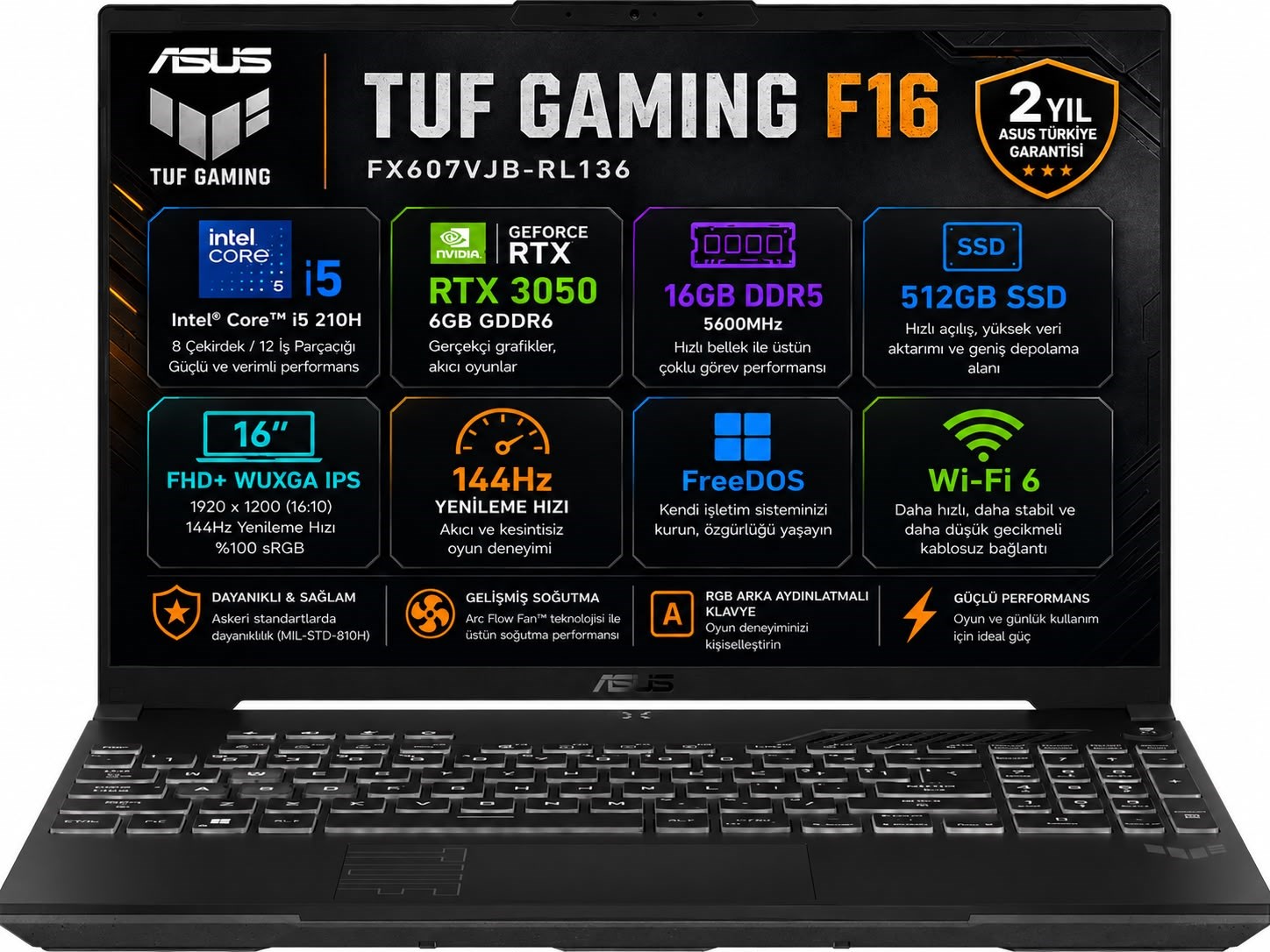 Asus Tuf Gaming F16 FX607VJB-RL136-GAMING Intel Core 5 210H 16GB 512GB SSD Rtx 3050 6gb 16