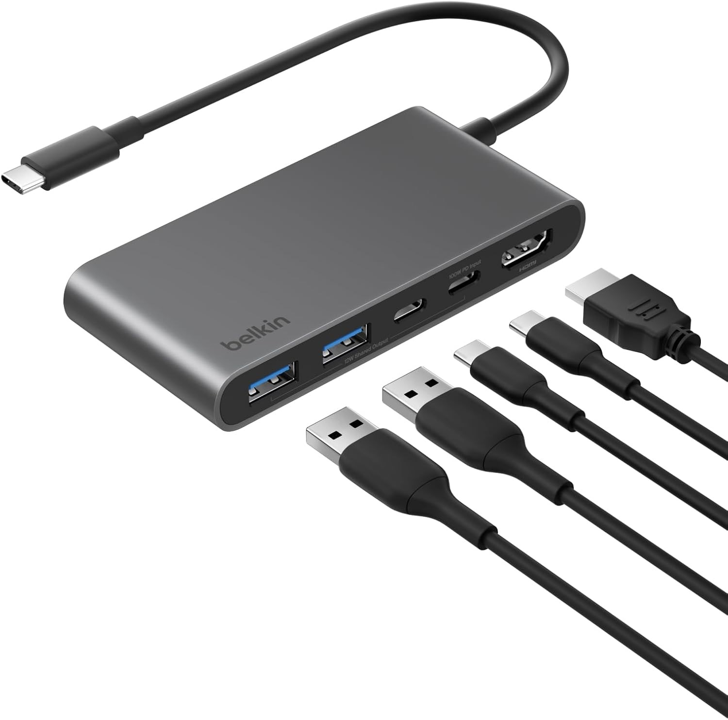 Belkin USB-C Hub, 5 Portlu, 60 Hz'de 4K HDMI Ekran Desteği, 100W Güç İletimi, 5Gbps  USB-C Çoklu Port Adaptörü, Gri