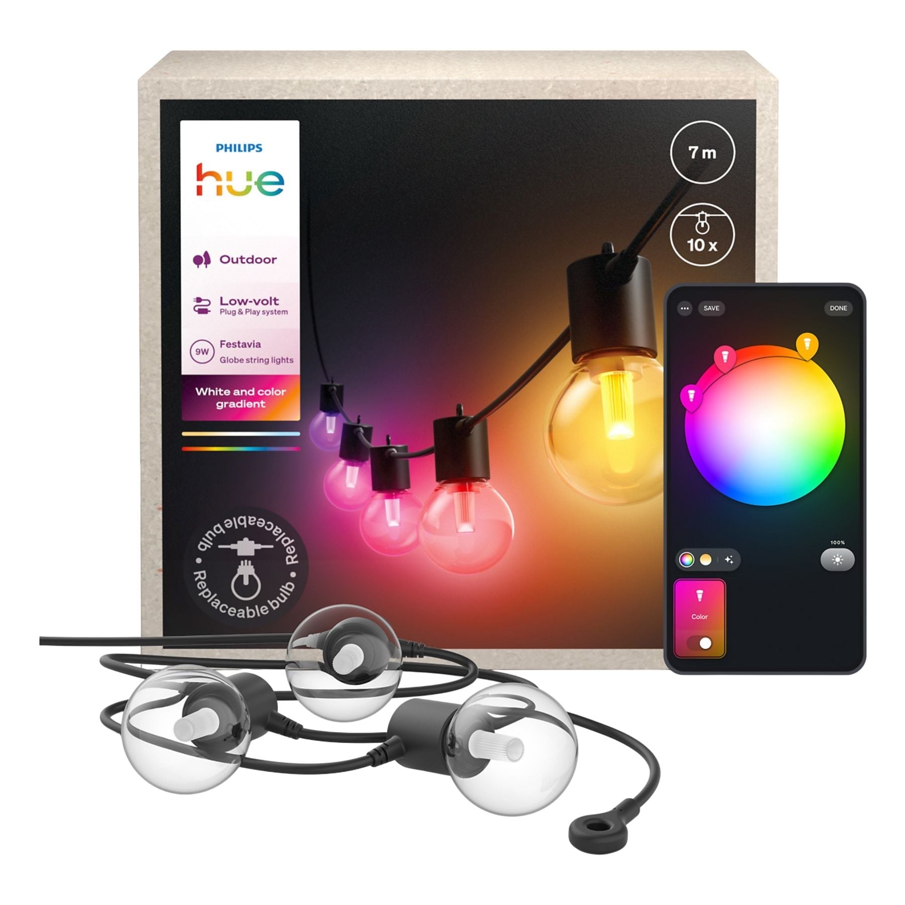 Philips Hue Festavia Globe - Dış Mekan Sıralı Işıklar 7 metre 10 Ampul