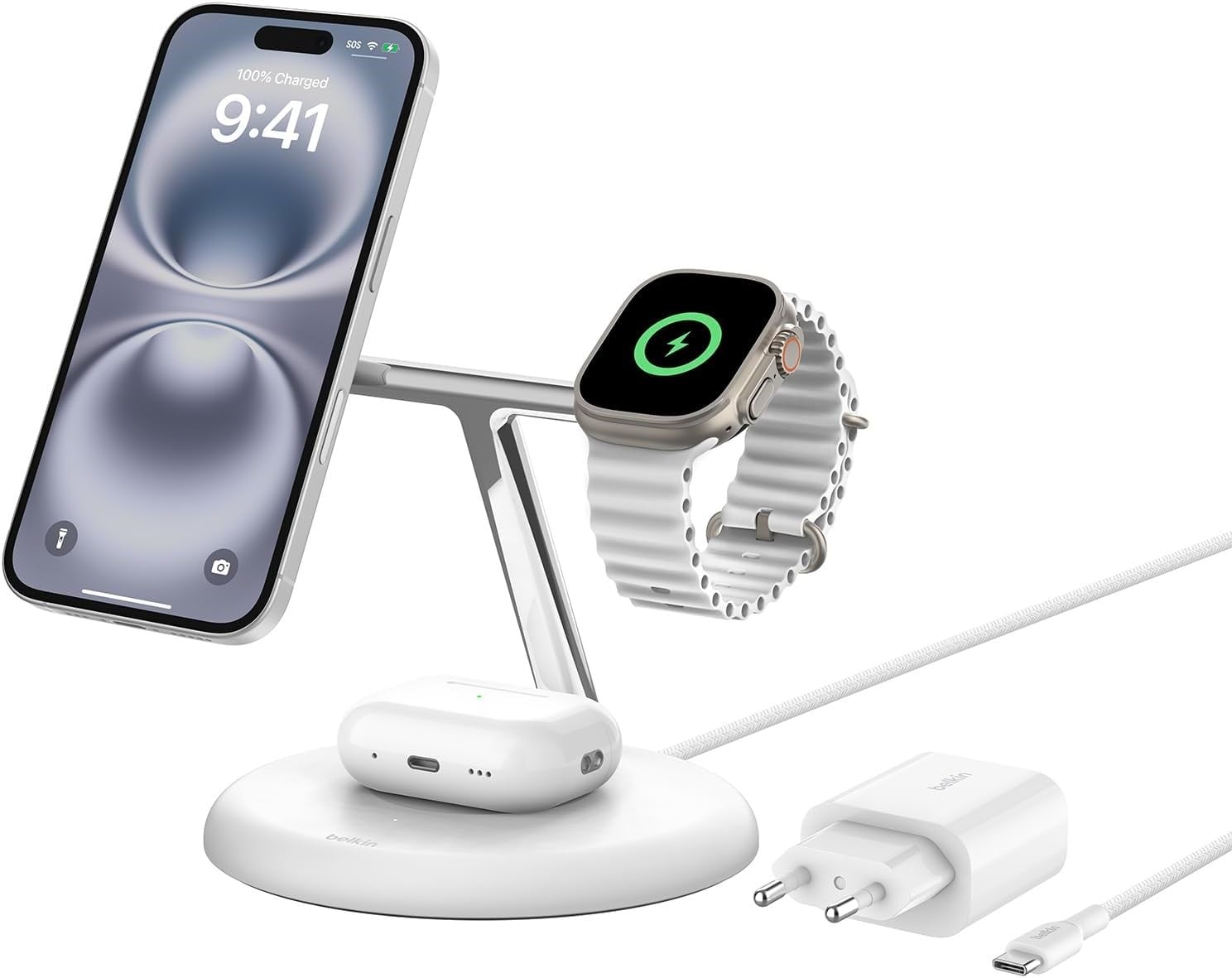 Belkin 3'ü 1 Arada Manyetik MagSafe Uyumlu Qi2 15W Kablosuz Şarj Standı, Beyaz