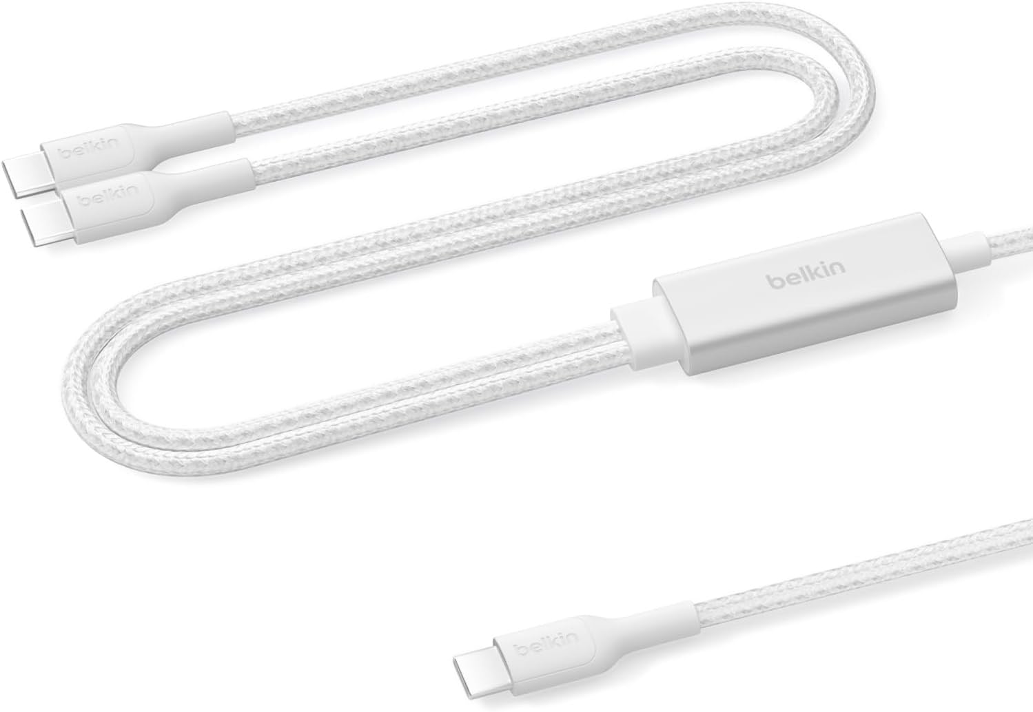 Belkin BoostCharge Pro 2'si 1 Arada 140 W USB-C - USB-C Örgülü Çift Şarj Kablosu, 1.5M, Beyaz