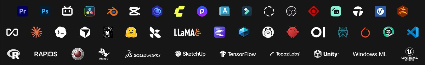RTX hızlandırmalı uygulama logoları: Adobe Premiere, Photoshop, DaVinci Resolve, Blender, CapCut, OBS, Unity, Unreal Engine, TensorFlow, SolidWorks, SketchUp ve daha fazlası