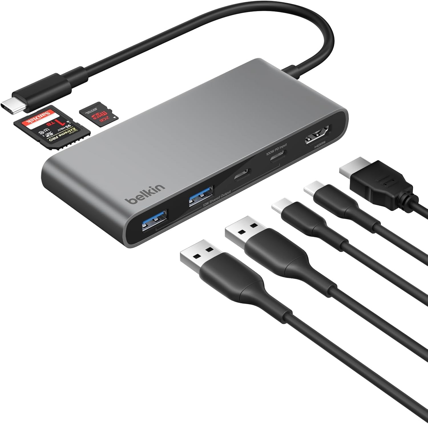 Belkin AVC023 7in1 100W USB-C Multiport Hub(2x USB-C , 2x USB-A , 1x HDMI 4K 60HZ , SD&Micro SD Card Reader) - Uzay Grisi