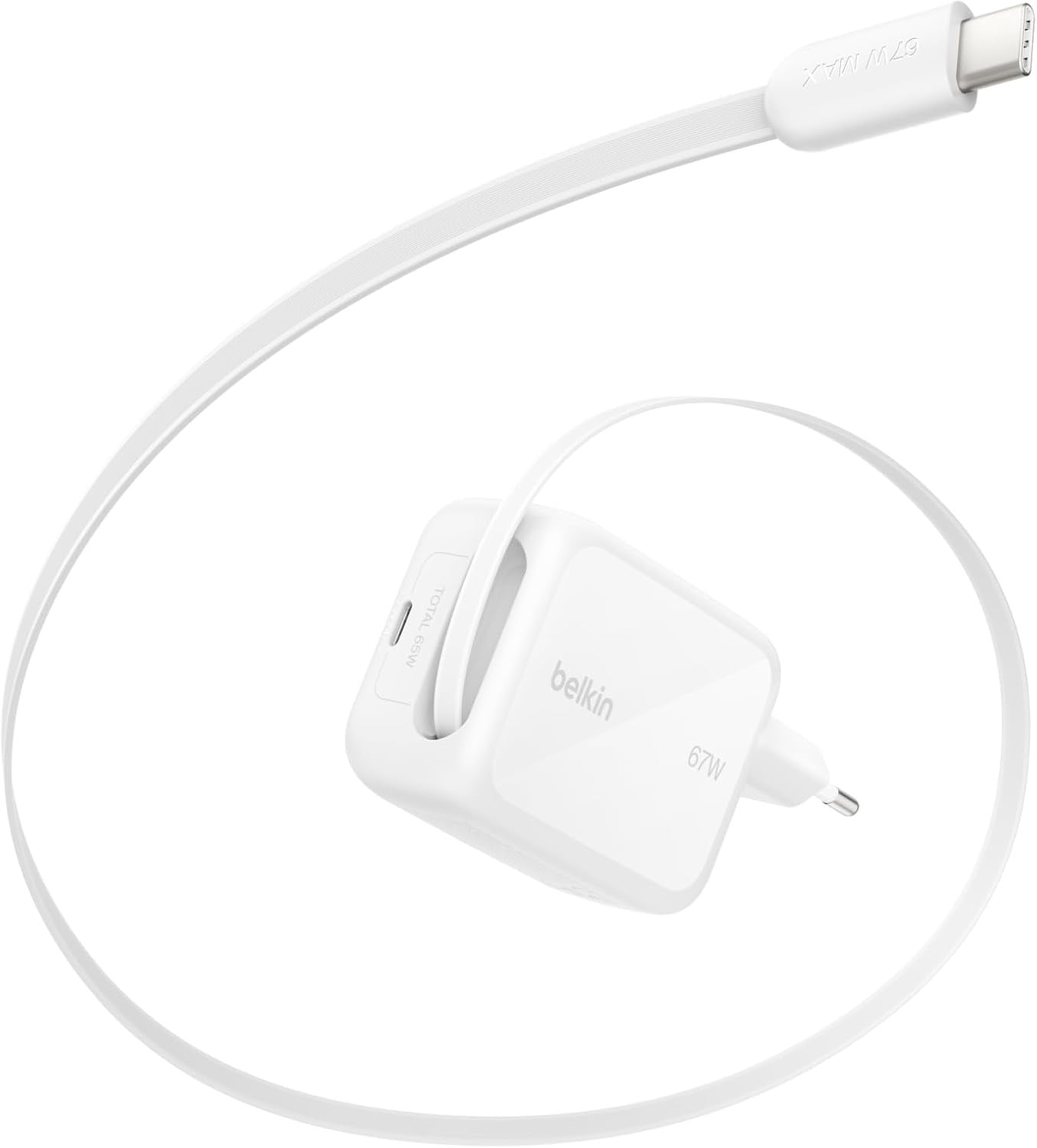 Belkin UltraCharge 67 W GaN Şarj Aleti, 0,8 m Geri Çekilebilir USB-C Kablo ile, Beyaz