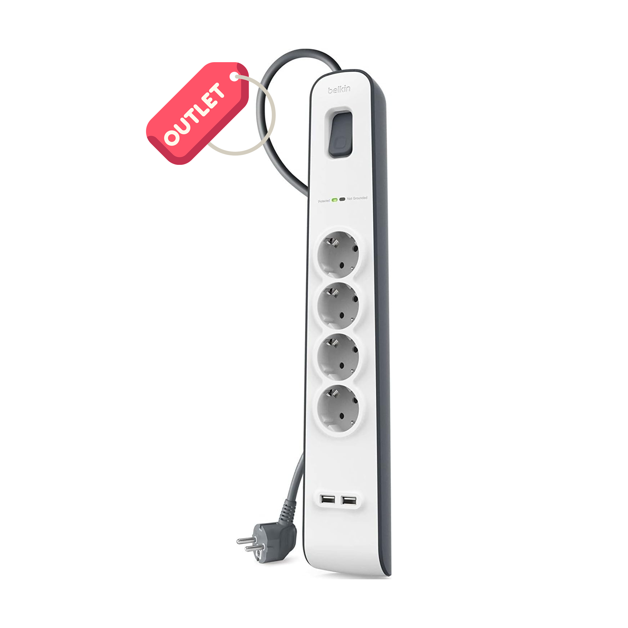 OUTLET Belkin Surge Plus 4'lü priz, yüksek gerilim korumalı (2,4 A, 2 m kablolu 2 USB bağlantısı dahil) beyaz/gri BSV401VF2M