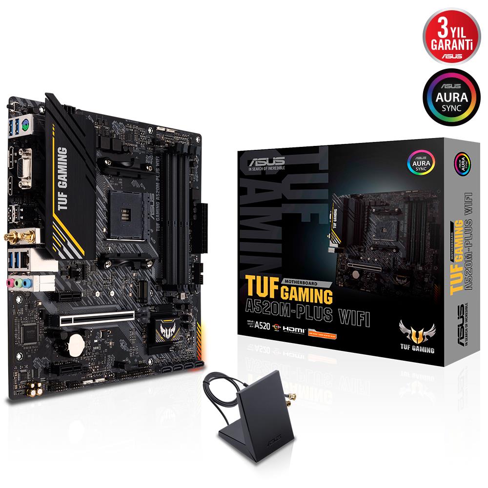 ASUS TUF GAMING A520M-PLUS WIFI AMD A520 AM4 DDR4 4800 DP HDMI VGA M2 USB3.2 AC WIFI BT AURA RGB MATX 128GB KADAR RAM DESTEĞİ ASUS TUF PROTECTION